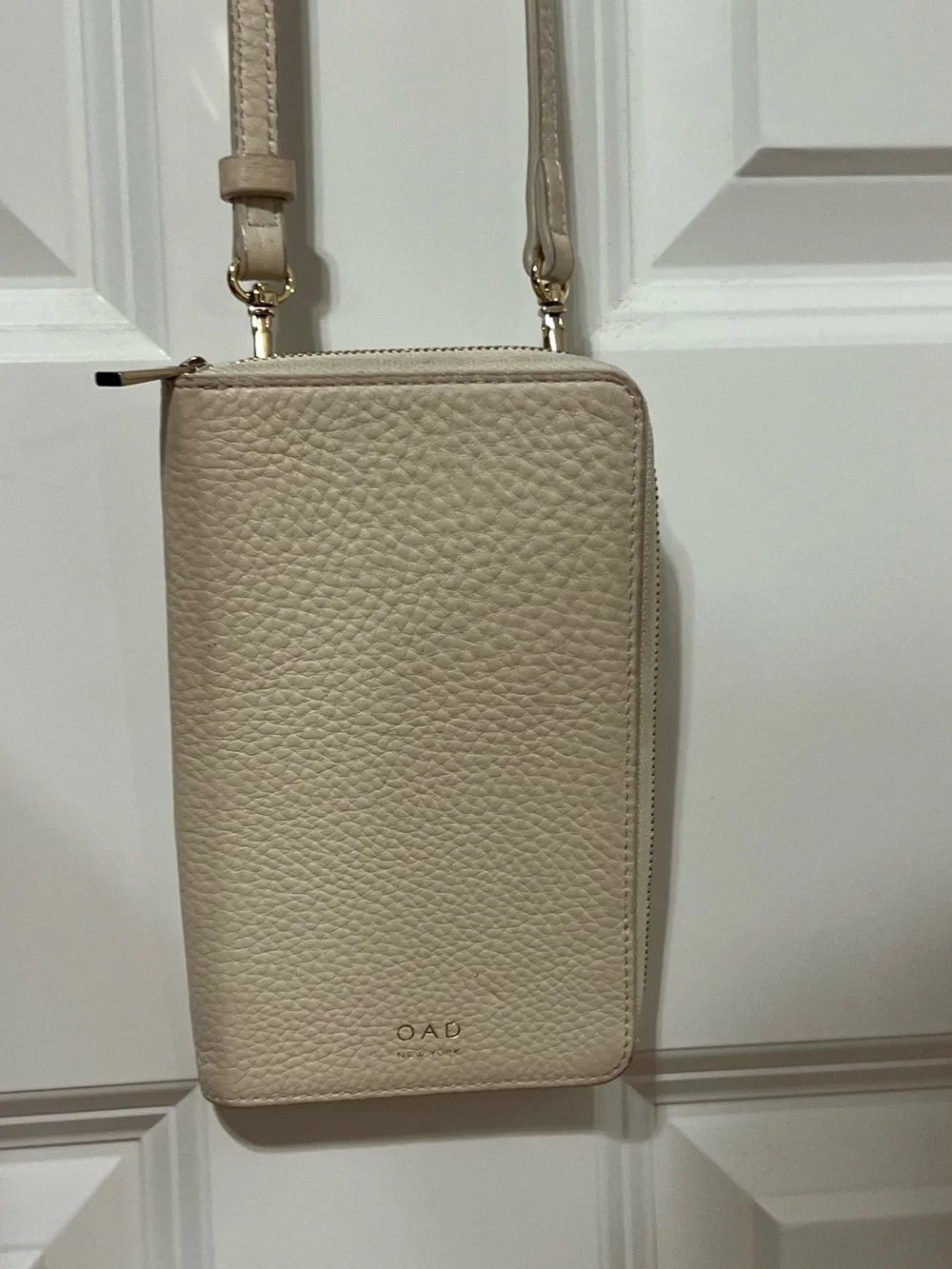 OAD New York Cream Pebbled Leather Zip Wallet with Gold Logo